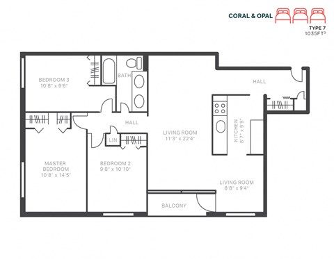 Floor plan for 3 beds, 1 bath, 1035 sqft